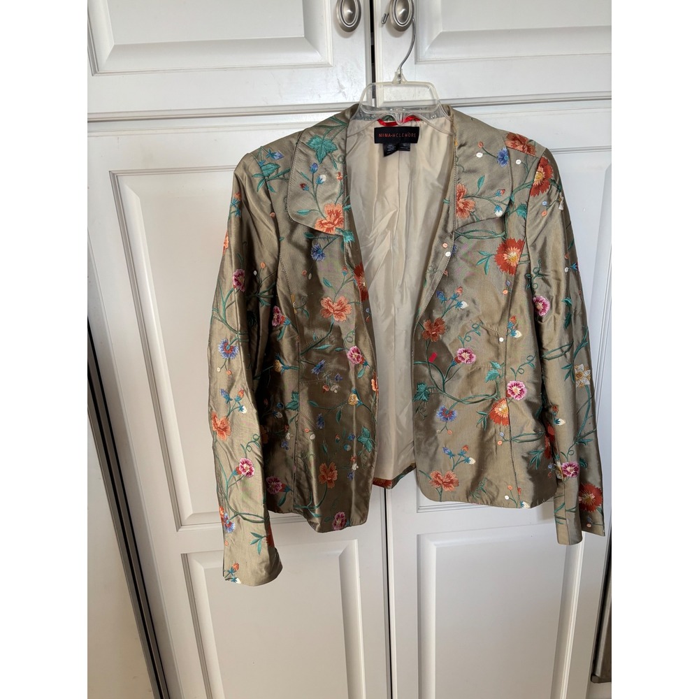 Nina McLemore Women 16 Silk Floral Embroidered Blazer Jacket‎ Taupe Bronze USA